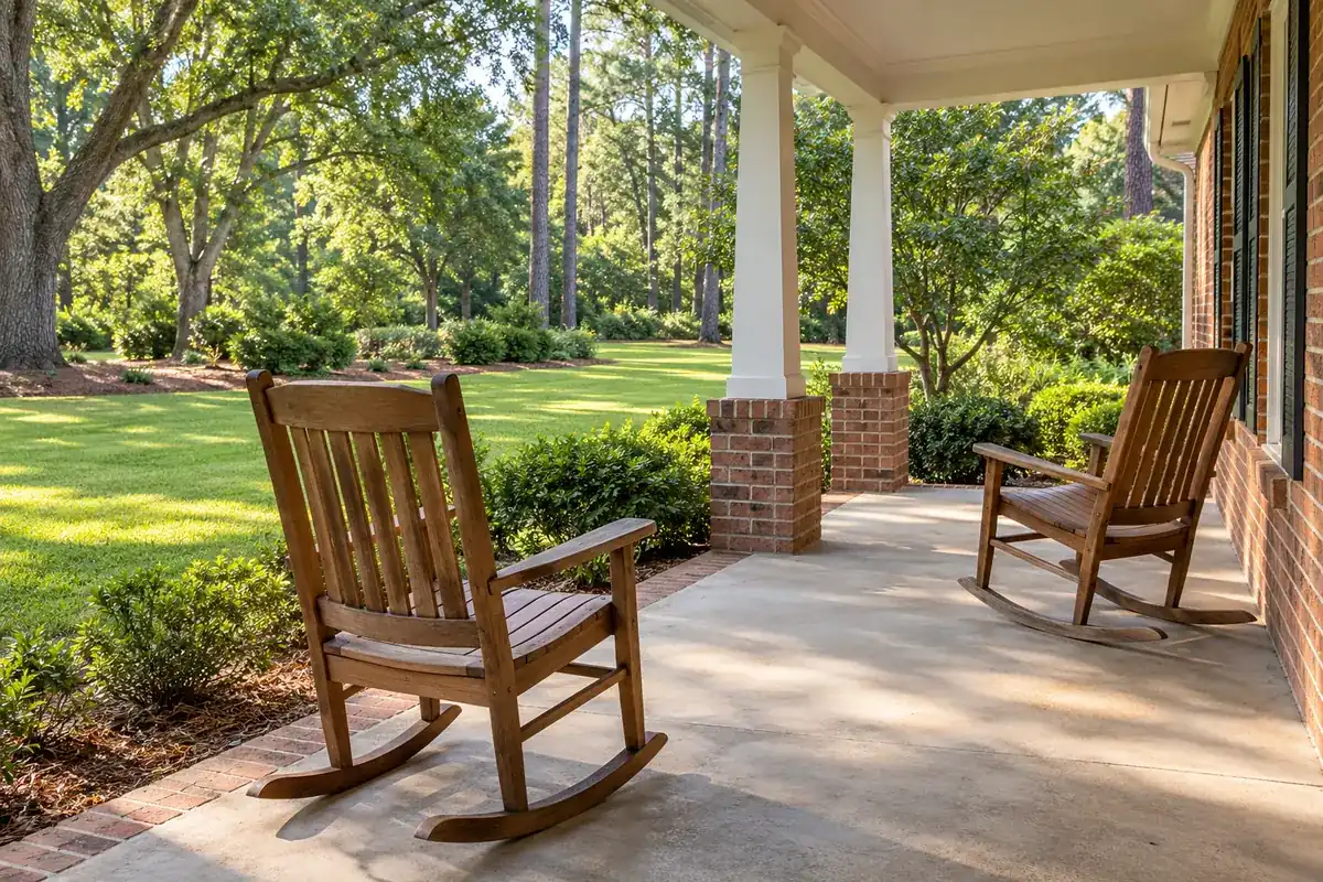 A front porch with two rocking chairs set apart