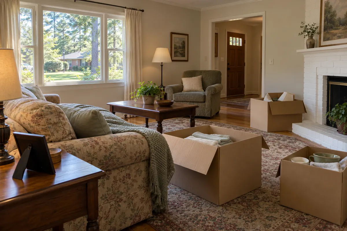 Living room of an older family home with a few packed boxes
