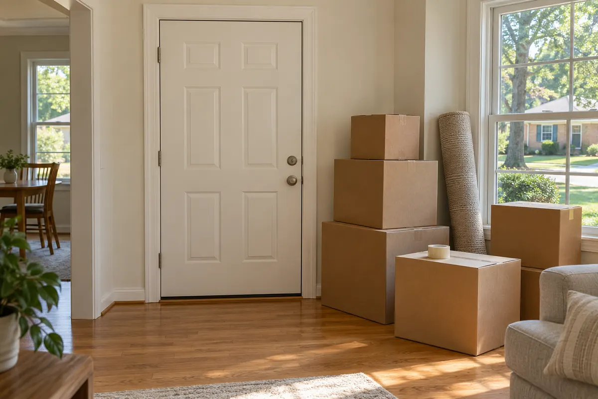 Moving boxes stacked by the front door of a house